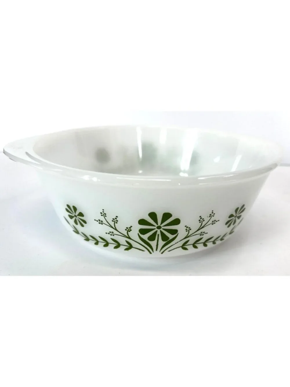 Vintage Glass Bake Green Daisy USA MADE casserole dish, J2600